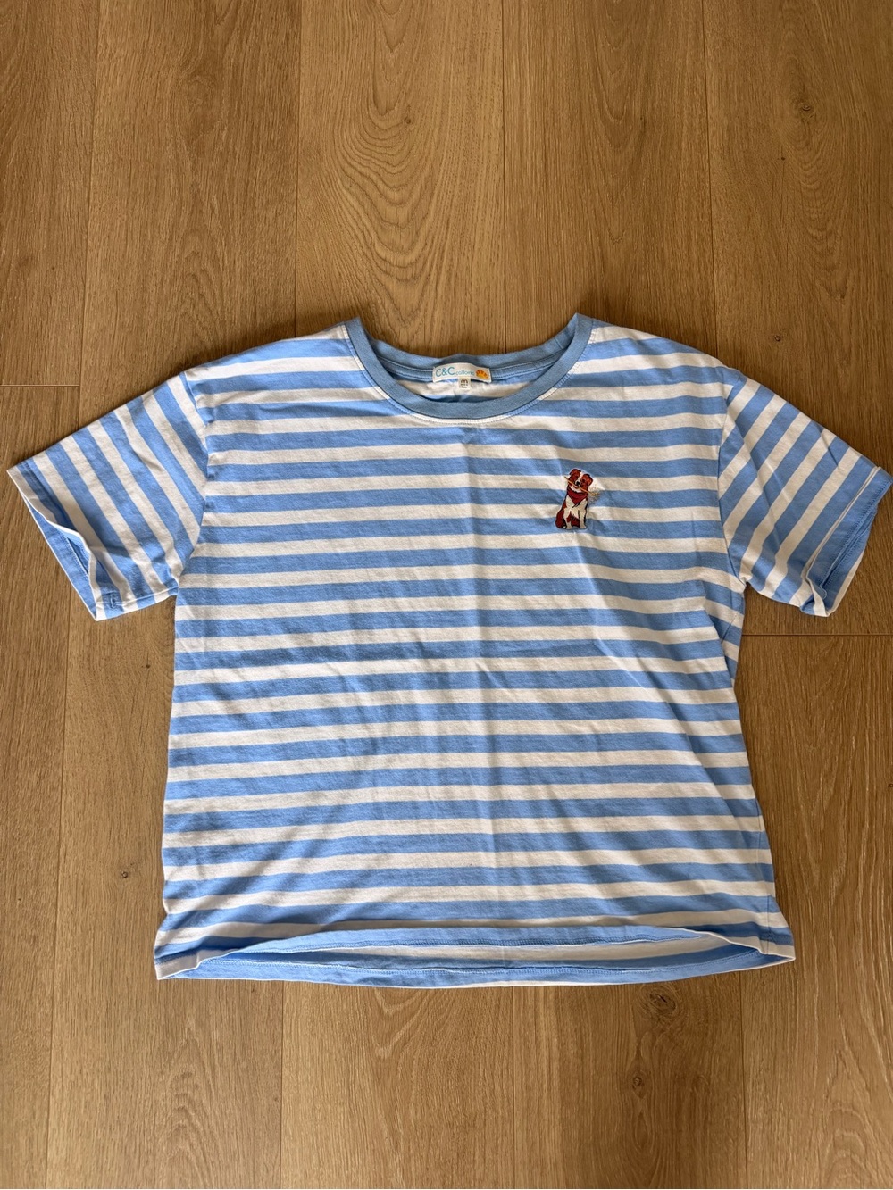 Striped Light Blue & White Tee with Dog Embroidery